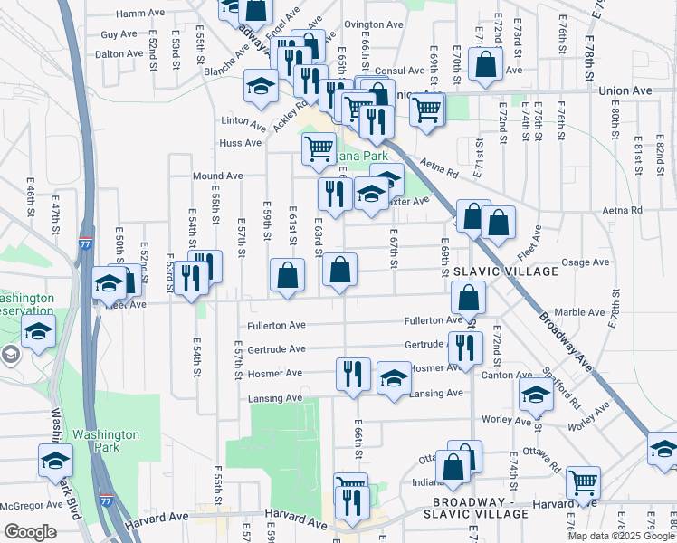 map of restaurants, bars, coffee shops, grocery stores, and more near 3722 East 65th Street in Cleveland