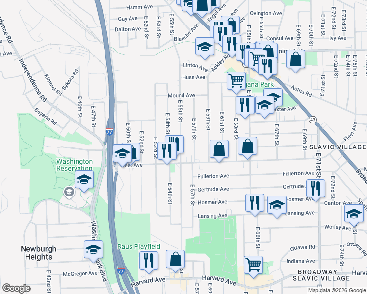 map of restaurants, bars, coffee shops, grocery stores, and more near 3717 East 55th Street in Cleveland