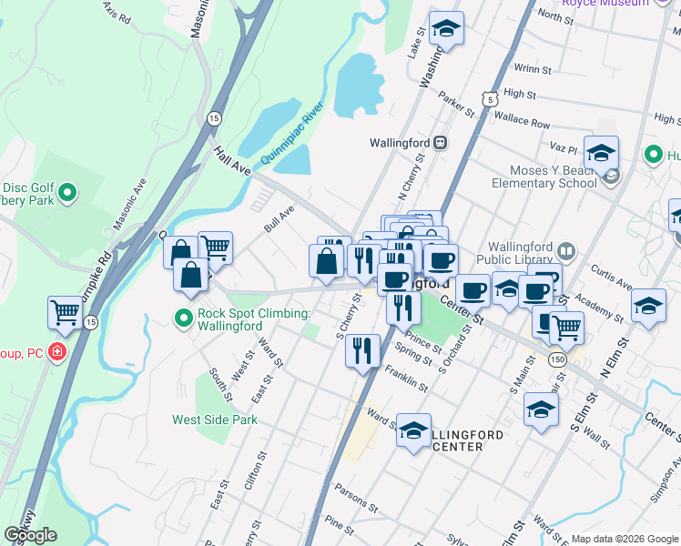 map of restaurants, bars, coffee shops, grocery stores, and more near 112 Washington Street in Wallingford