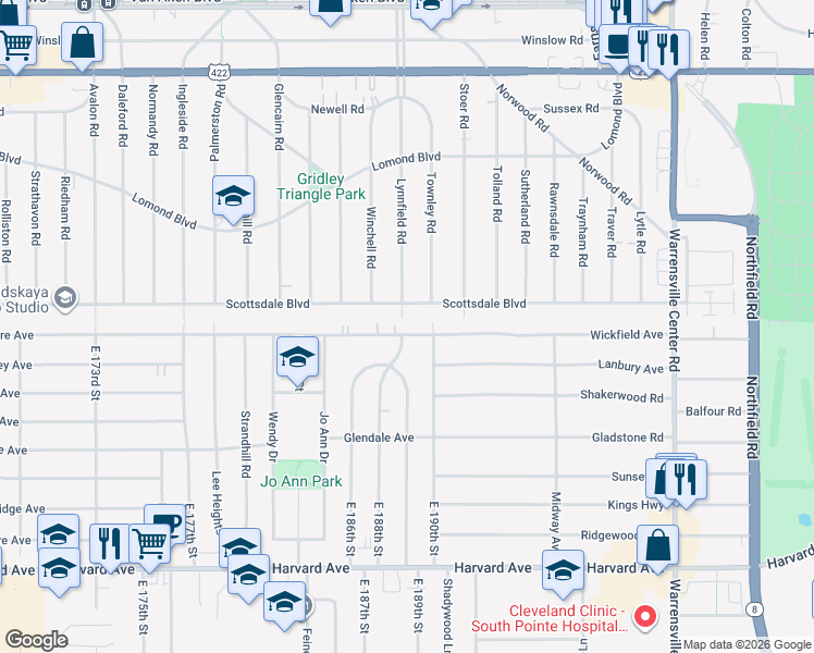 map of restaurants, bars, coffee shops, grocery stores, and more near 18907 Invermere Avenue in Cleveland
