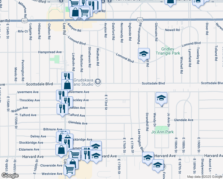 map of restaurants, bars, coffee shops, grocery stores, and more near 17325 Invermere Avenue in Cleveland