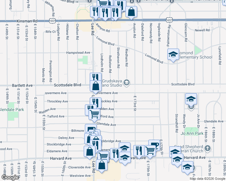 map of restaurants, bars, coffee shops, grocery stores, and more near 16807 Invermere Avenue in Cleveland