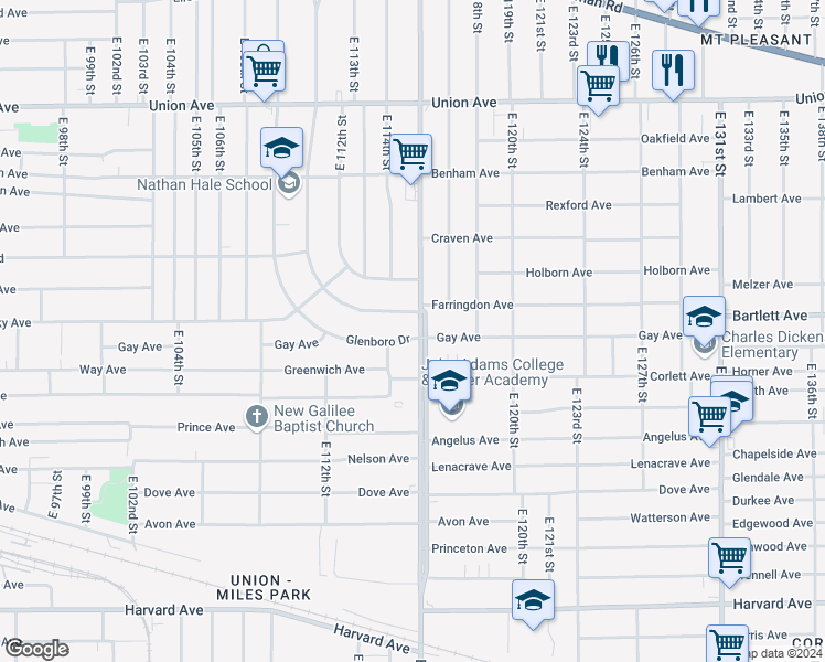 map of restaurants, bars, coffee shops, grocery stores, and more near 3740 East 116th Street in Cleveland