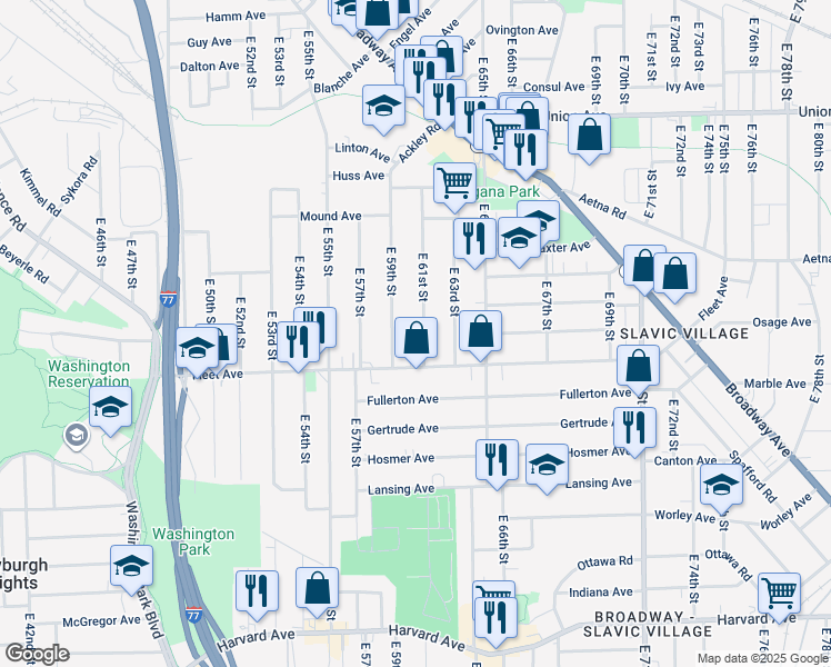 map of restaurants, bars, coffee shops, grocery stores, and more near 3721 East 59th Street in Cleveland