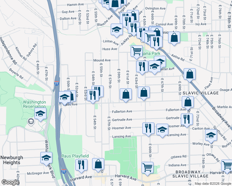 map of restaurants, bars, coffee shops, grocery stores, and more near 3727 East 57th Street in Cleveland