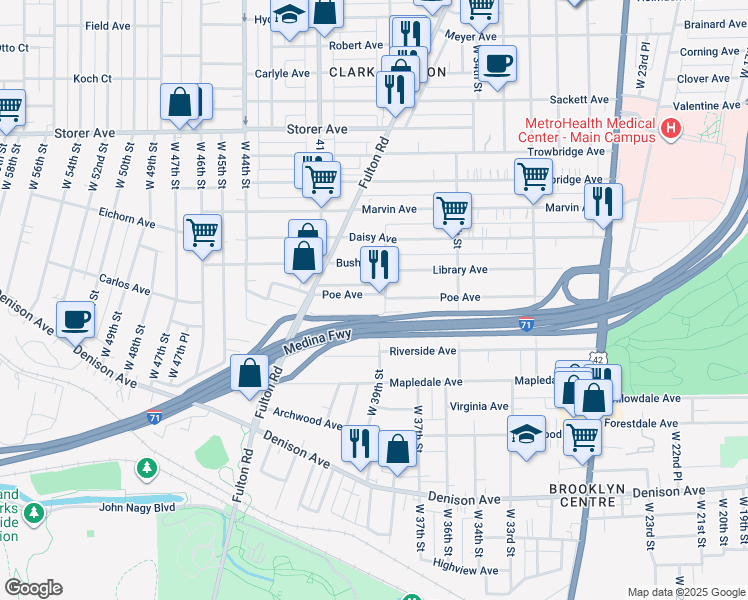 map of restaurants, bars, coffee shops, grocery stores, and more near 3917 Poe Avenue in Cleveland