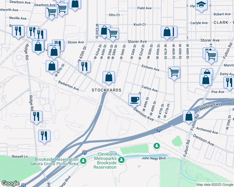 map of restaurants, bars, coffee shops, grocery stores, and more near 5500 Denison Avenue in Cleveland