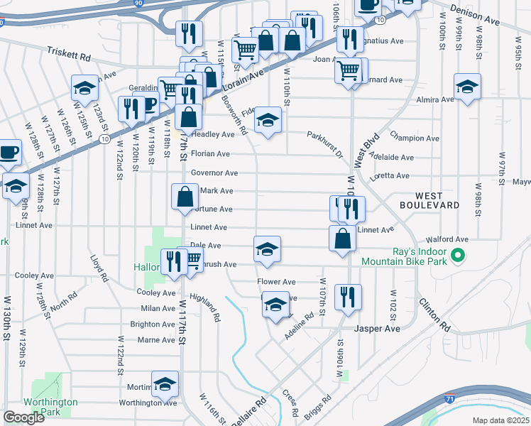 map of restaurants, bars, coffee shops, grocery stores, and more near 11021 Fortune Avenue in Cleveland