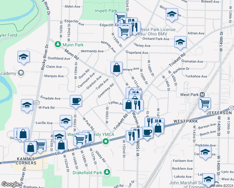 map of restaurants, bars, coffee shops, grocery stores, and more near 3582 Warren Road in Cleveland