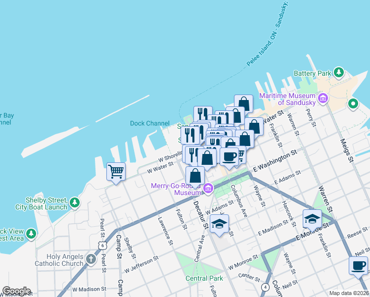 map of restaurants, bars, coffee shops, grocery stores, and more near 300 West Shoreline Drive in Sandusky