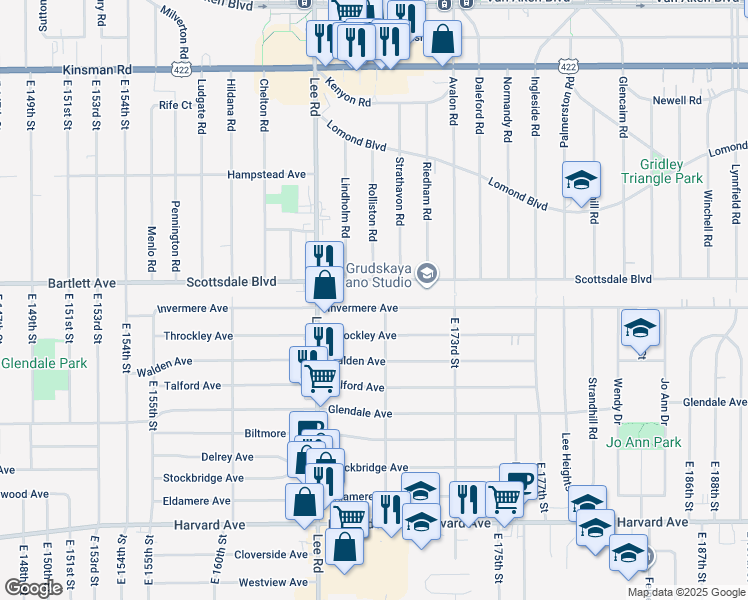 map of restaurants, bars, coffee shops, grocery stores, and more near 16807 Invermere Ave in Cleveland