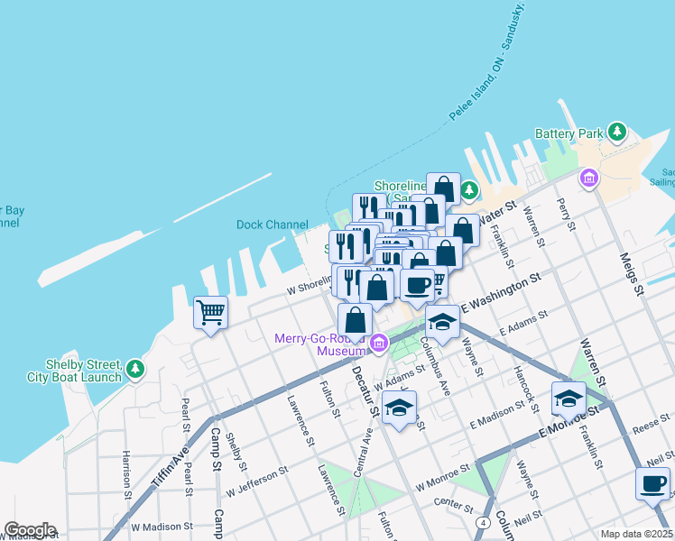 map of restaurants, bars, coffee shops, grocery stores, and more near 300 West Shoreline Drive in Sandusky
