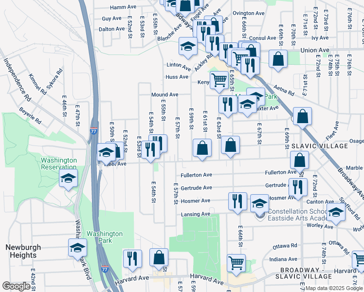 map of restaurants, bars, coffee shops, grocery stores, and more near 3727 East 57th Street in Cleveland