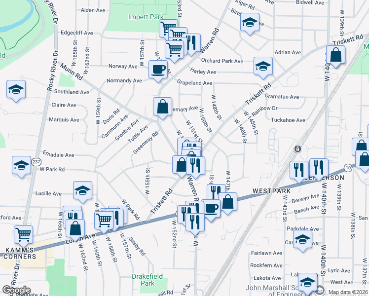 map of restaurants, bars, coffee shops, grocery stores, and more near 3520 West 152nd Street in Cleveland