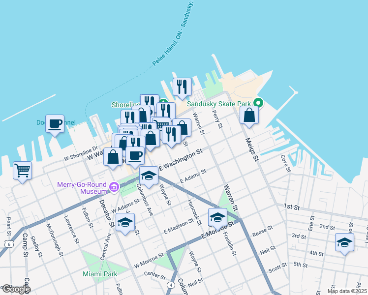 map of restaurants, bars, coffee shops, grocery stores, and more near 235 Franklin Street in Sandusky