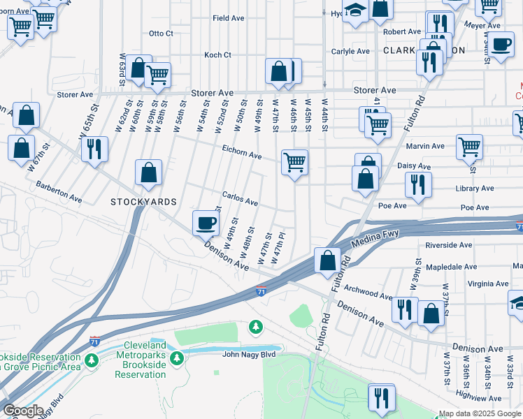 map of restaurants, bars, coffee shops, grocery stores, and more near 3585 West 48th Street in Cleveland