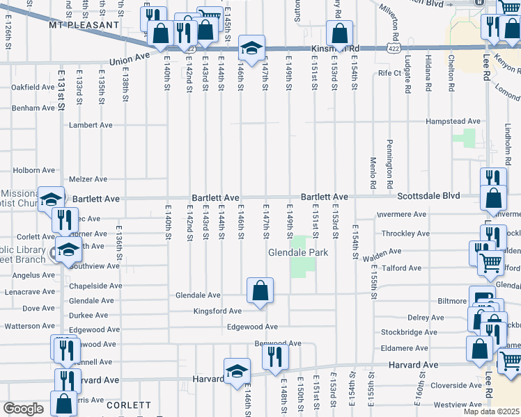 map of restaurants, bars, coffee shops, grocery stores, and more near 3762 East 147th Street in Cleveland