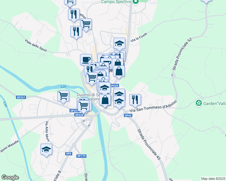 map of restaurants, bars, coffee shops, grocery stores, and more near 58 Strada Provinciale Leuciana in Pontecorvo