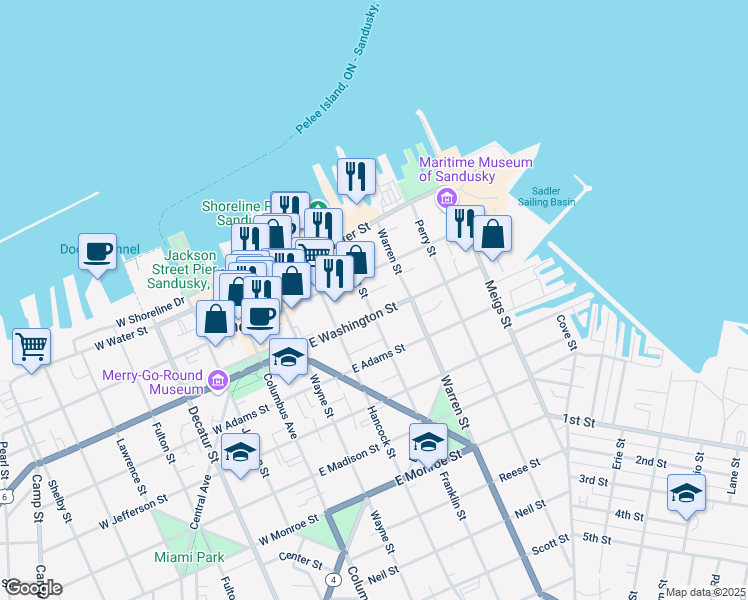 map of restaurants, bars, coffee shops, grocery stores, and more near 403 East Washington Street in Sandusky
