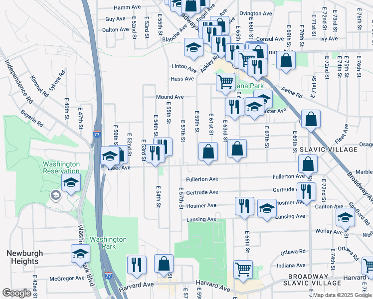 map of restaurants, bars, coffee shops, grocery stores, and more near 3727 East 57th Street in Cleveland