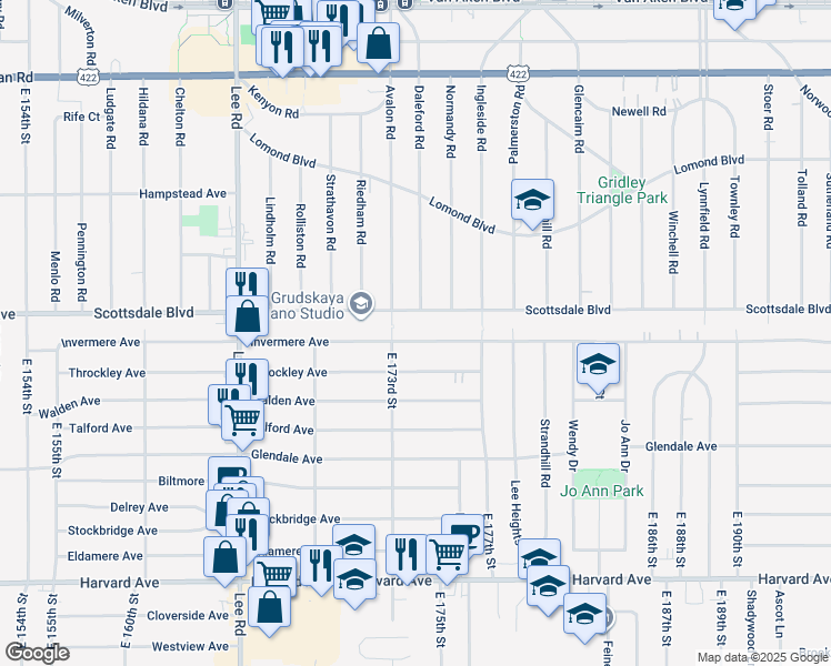 map of restaurants, bars, coffee shops, grocery stores, and more near 17325 Invermere Ave in Cleveland