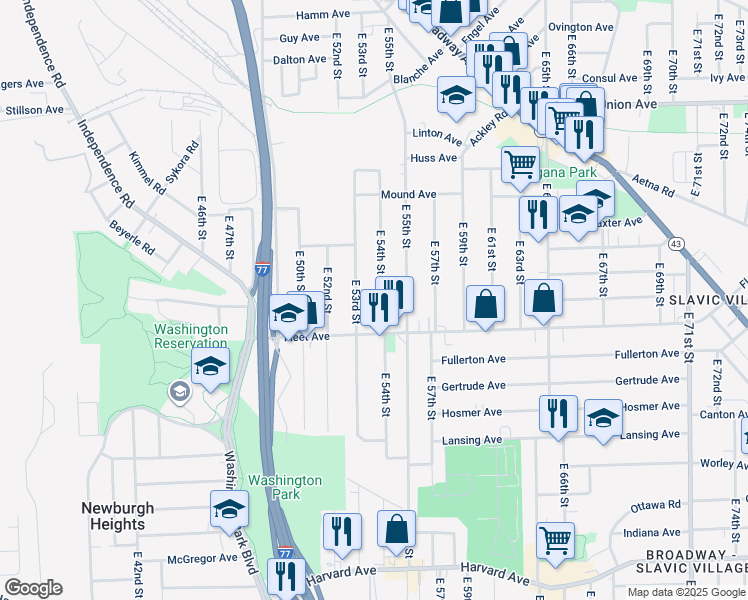 map of restaurants, bars, coffee shops, grocery stores, and more near 3718 E 54th St in Cleveland