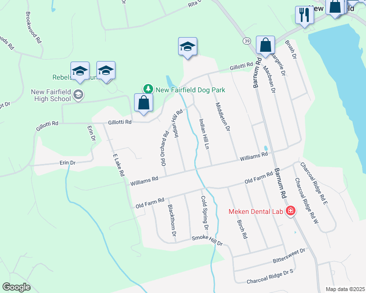 map of restaurants, bars, coffee shops, grocery stores, and more near 10 Indian Hill Road in New Fairfield