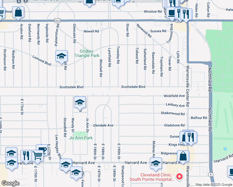 map of restaurants, bars, coffee shops, grocery stores, and more near 18907 Invermere Avenue in Cleveland