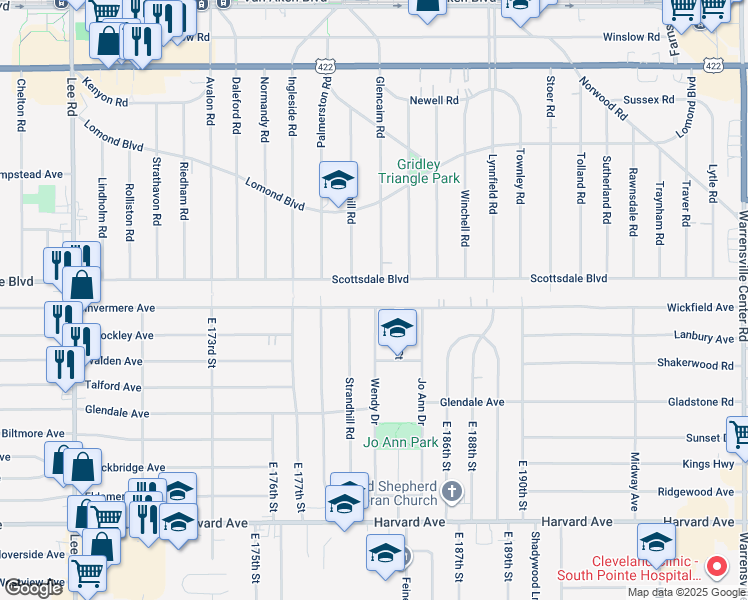 map of restaurants, bars, coffee shops, grocery stores, and more near 18123 Invermere Ave in Cleveland