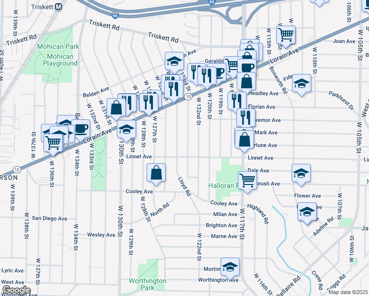 map of restaurants, bars, coffee shops, grocery stores, and more near 3516 W 123rd St in Cleveland
