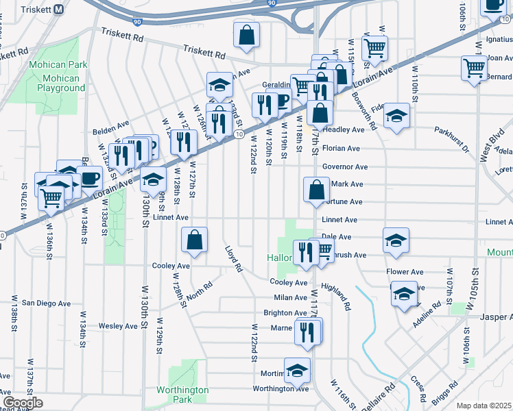 map of restaurants, bars, coffee shops, grocery stores, and more near 3523 West 122nd Street in Cleveland
