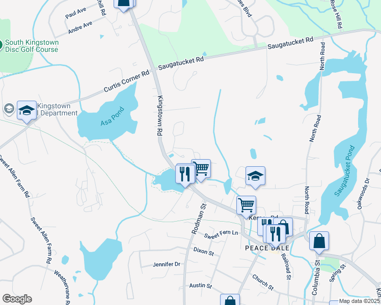 map of restaurants, bars, coffee shops, grocery stores, and more near 51 Rocky Brook Way in South Kingstown