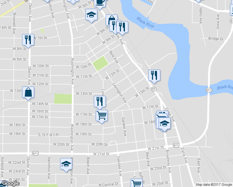 map of restaurants, bars, coffee shops, grocery stores, and more near 440 West 14th Street in Lorain