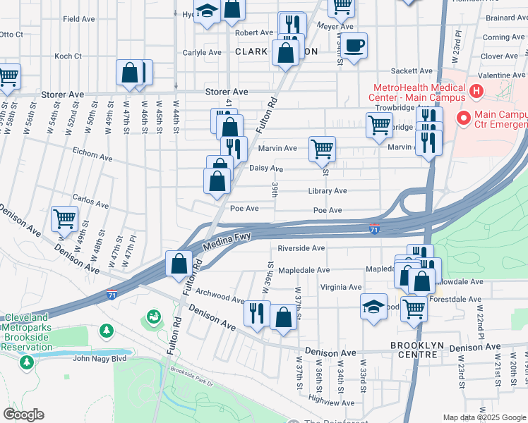 map of restaurants, bars, coffee shops, grocery stores, and more near 3917 Poe Avenue in Cleveland