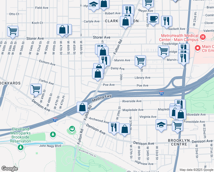 map of restaurants, bars, coffee shops, grocery stores, and more near 4015 Poe Avenue in Cleveland