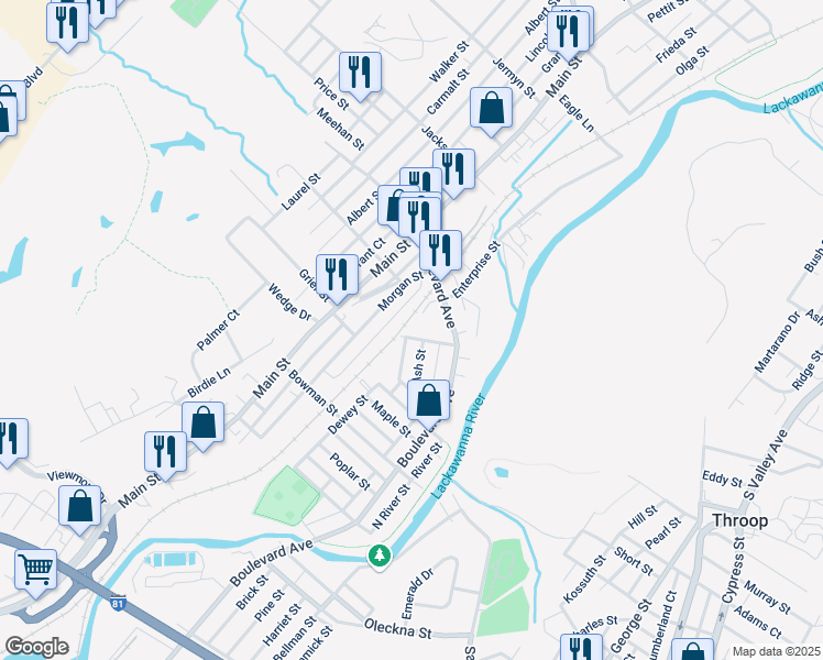 map of restaurants, bars, coffee shops, grocery stores, and more near 214 Cherry Street in Dickson City