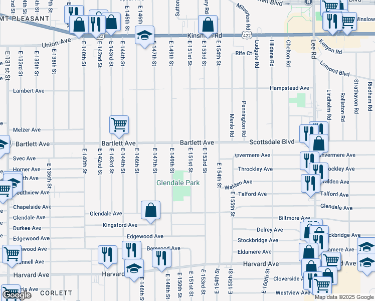 map of restaurants, bars, coffee shops, grocery stores, and more near 3762 East 151st Street in Cleveland
