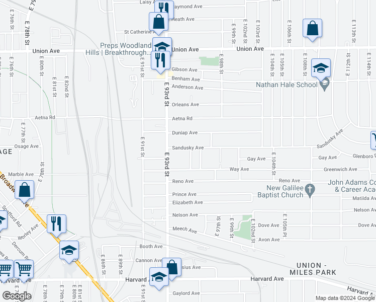 map of restaurants, bars, coffee shops, grocery stores, and more near 9420 Sandusky Avenue in Cleveland