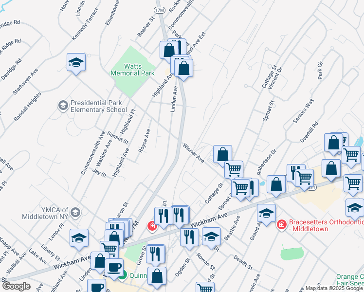 map of restaurants, bars, coffee shops, grocery stores, and more near 361-365 North Street in Middletown