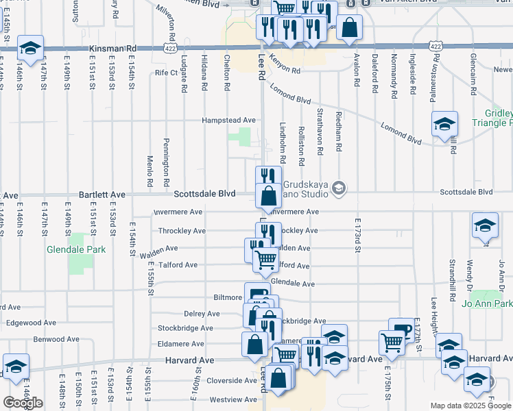 map of restaurants, bars, coffee shops, grocery stores, and more near 3770 Lee Road in Cleveland