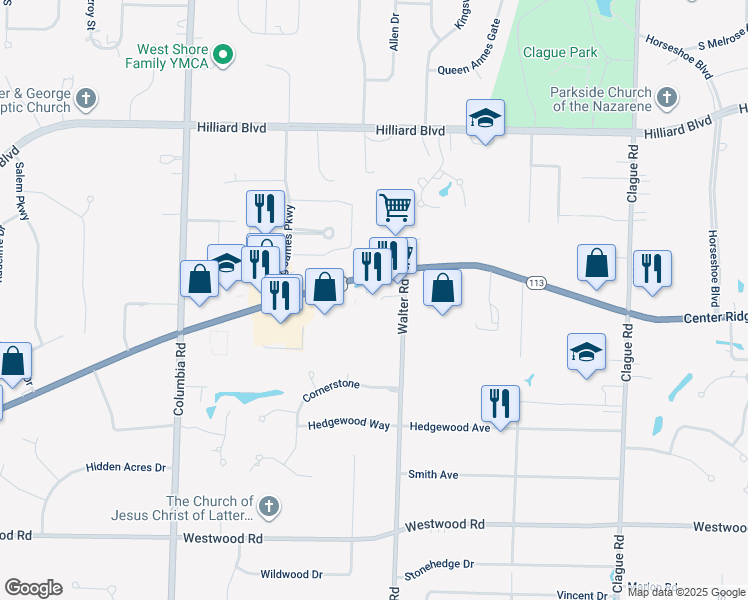 map of restaurants, bars, coffee shops, grocery stores, and more near 24601 Center Ridge Road in Westlake