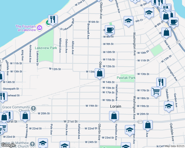 map of restaurants, bars, coffee shops, grocery stores, and more near 1227 W 13th St in Lorain