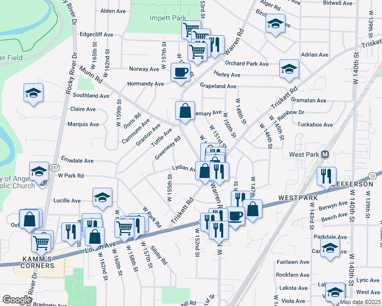 map of restaurants, bars, coffee shops, grocery stores, and more near 3582 Warren Road in Cleveland