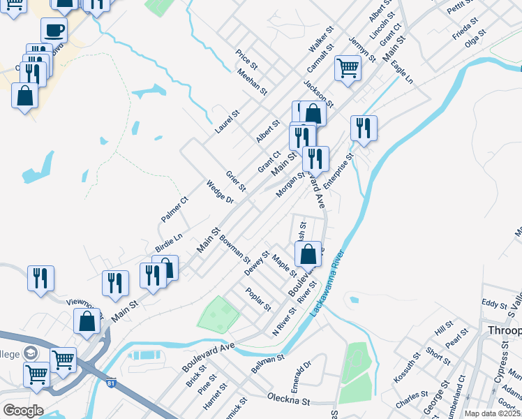 map of restaurants, bars, coffee shops, grocery stores, and more near 601 Morgan Street in Dickson City