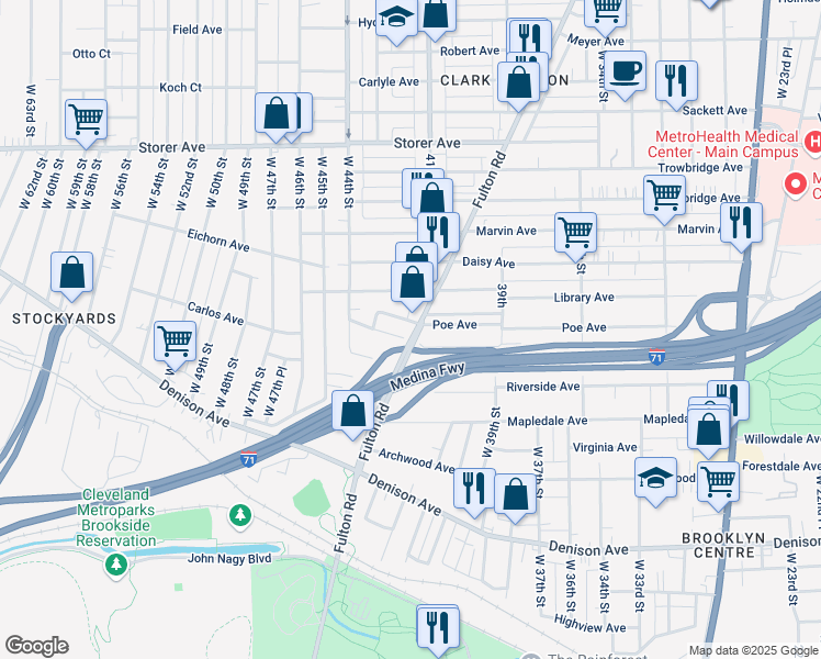 map of restaurants, bars, coffee shops, grocery stores, and more near 3586 Fulton Road in Cleveland