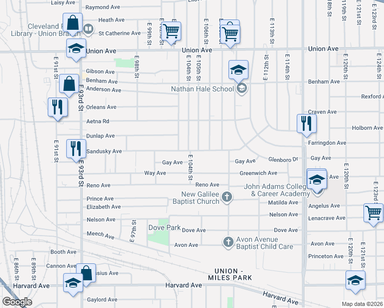 map of restaurants, bars, coffee shops, grocery stores, and more near 10410 Sandusky Avenue in Cleveland