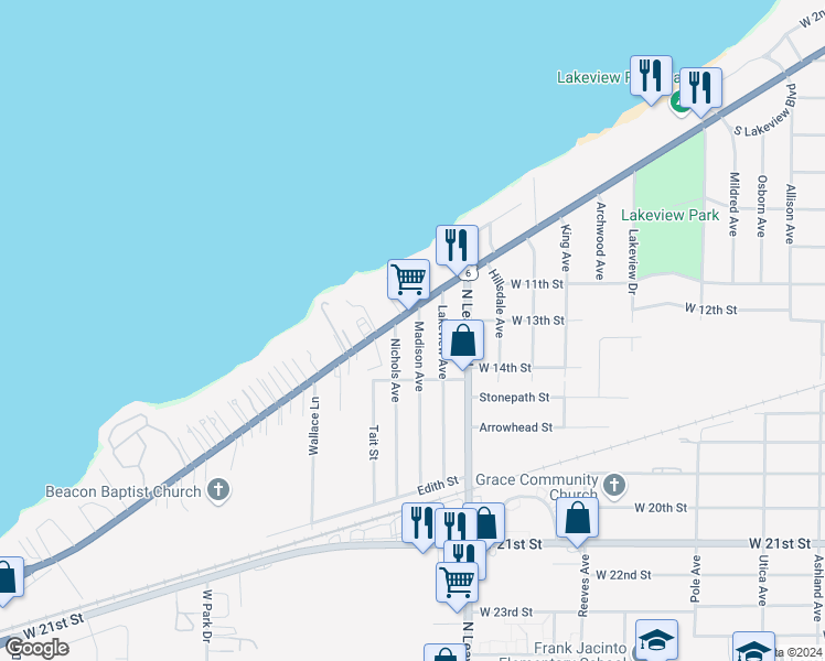 map of restaurants, bars, coffee shops, grocery stores, and more near 1306 Madison Avenue in Lorain