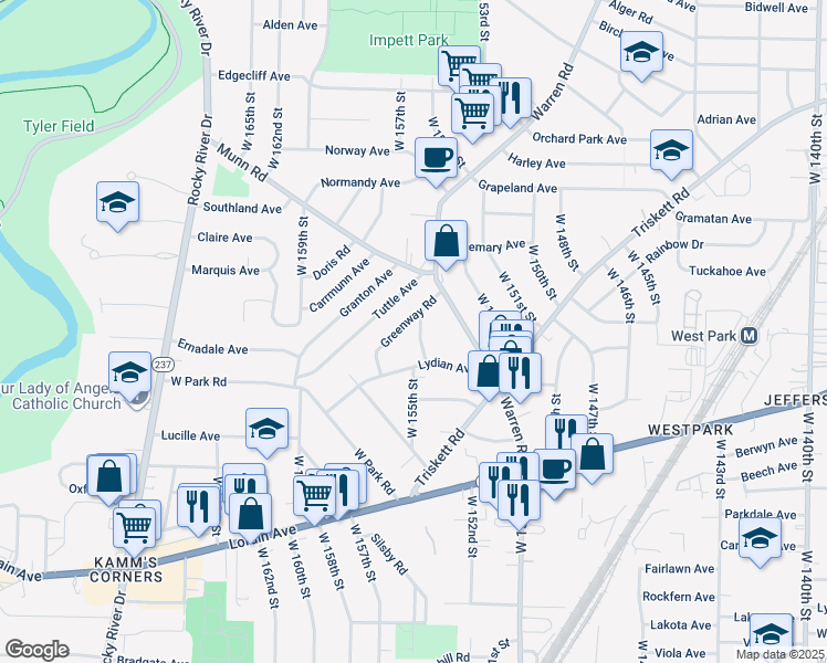 map of restaurants, bars, coffee shops, grocery stores, and more near 3480 W 155th St in Cleveland