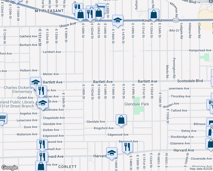 map of restaurants, bars, coffee shops, grocery stores, and more near 3762 East 146th Street in Cleveland