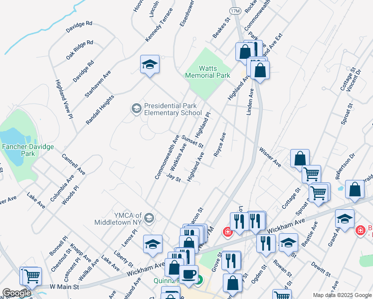 map of restaurants, bars, coffee shops, grocery stores, and more near 59 Watkins Avenue in Middletown